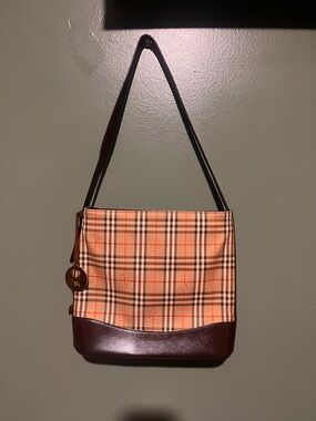 Burberry Beige Plaid Shoulder Bag with Dark Brown Trim